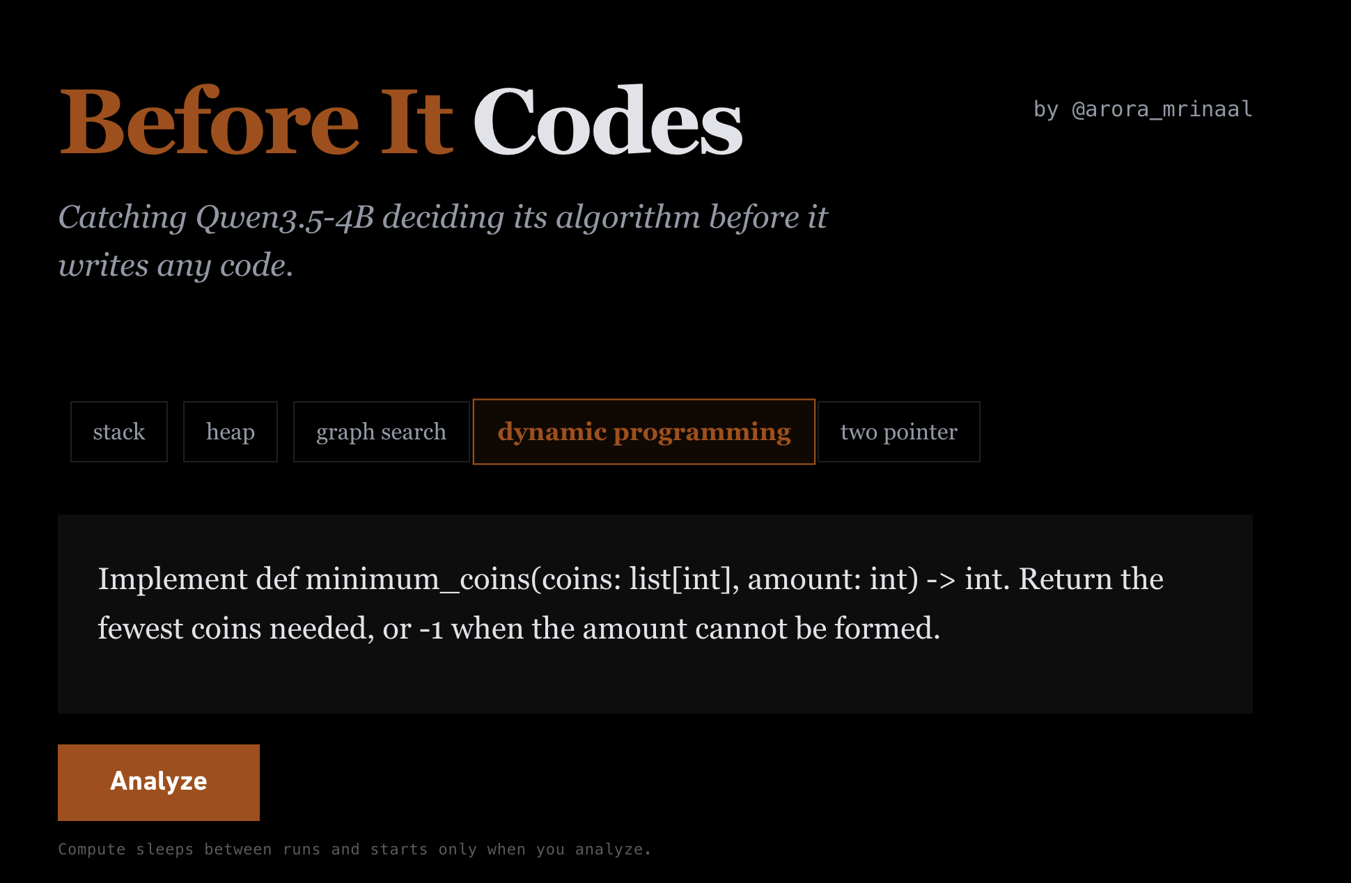 Before It Codes live visualizer with five algorithm families and a dynamic-programming prompt