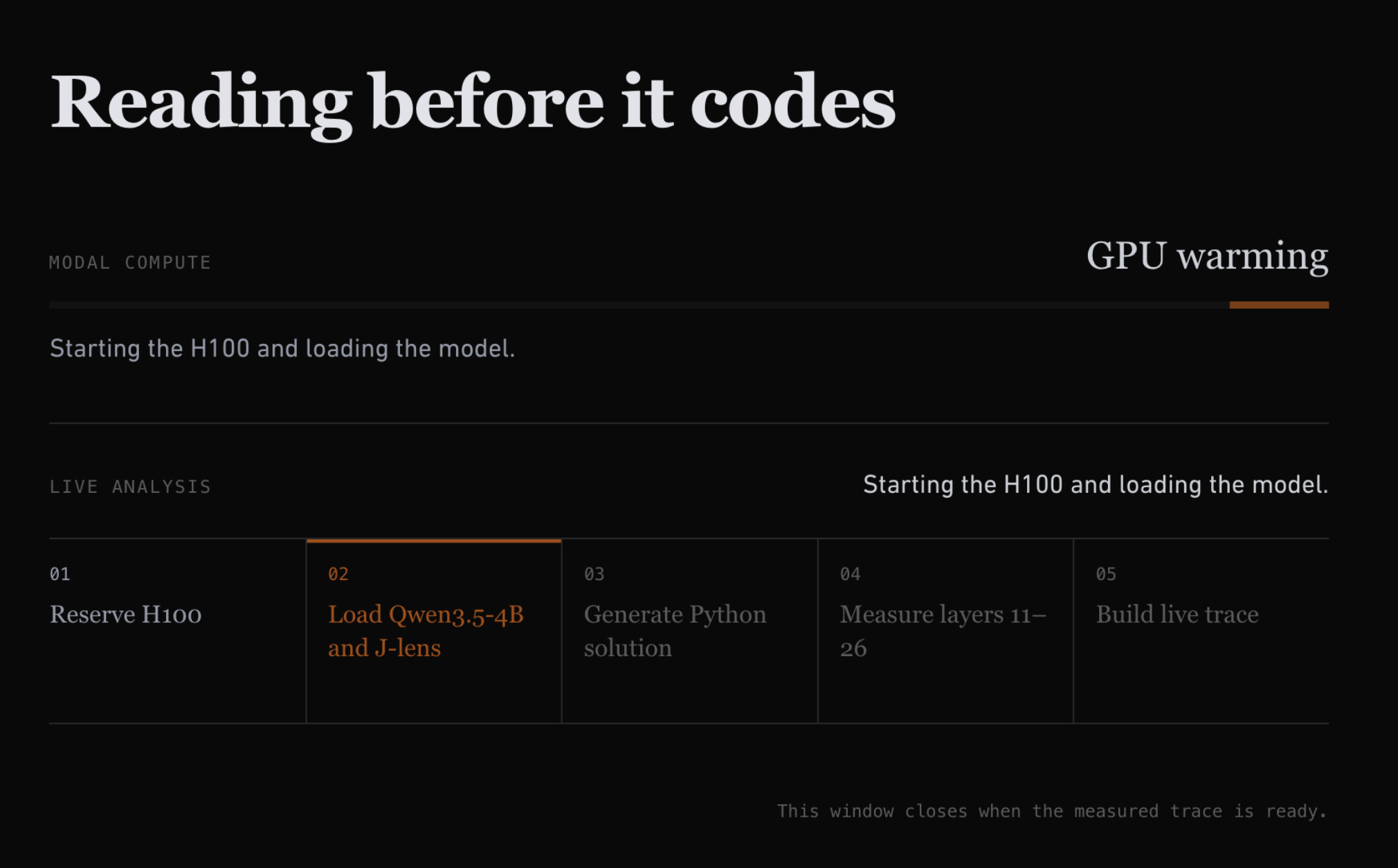 Before It Codes analysis window showing the Modal H100 and model warmup stages