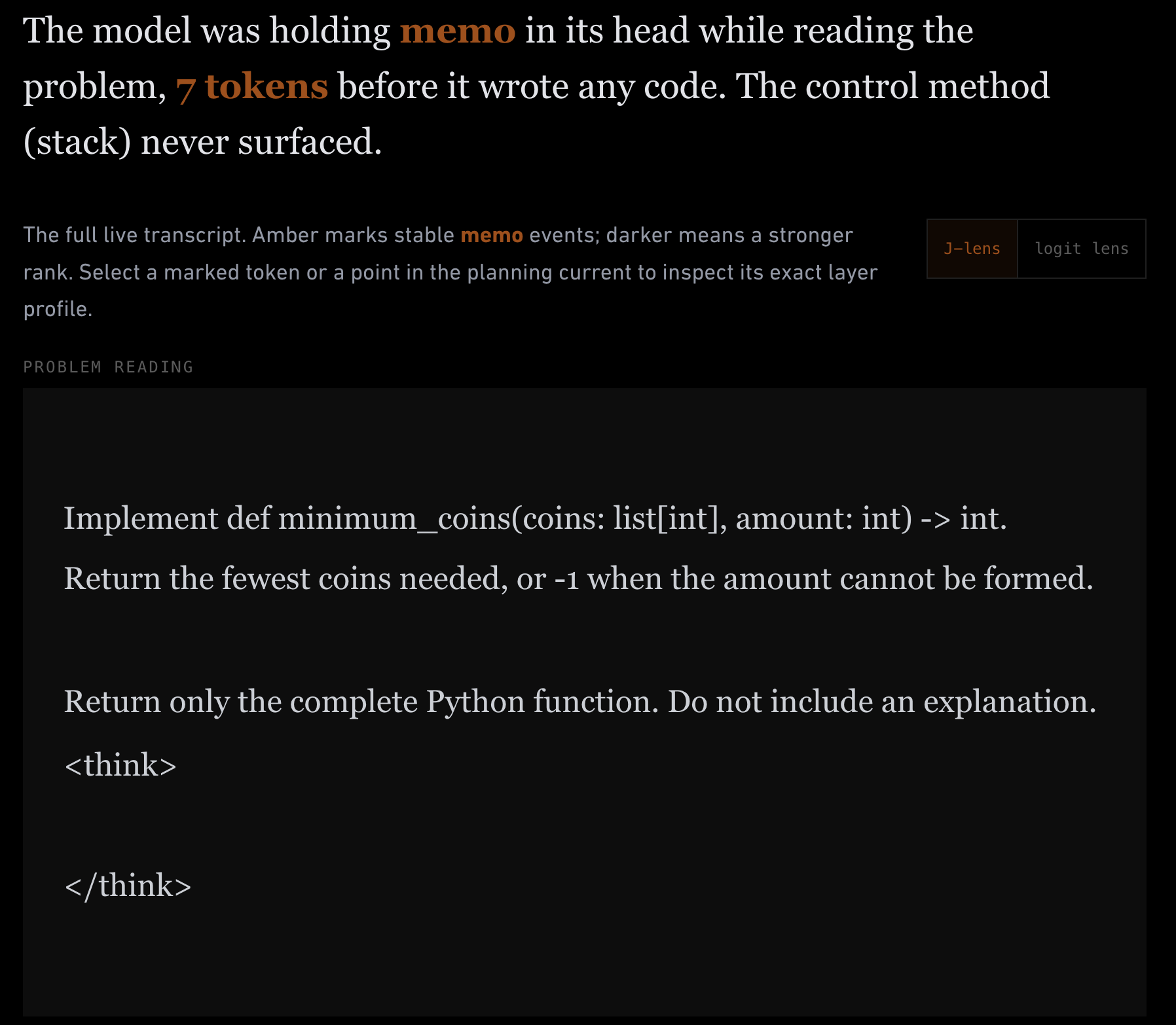 Live result stating that memo surfaced while the model read the problem, before any code was written