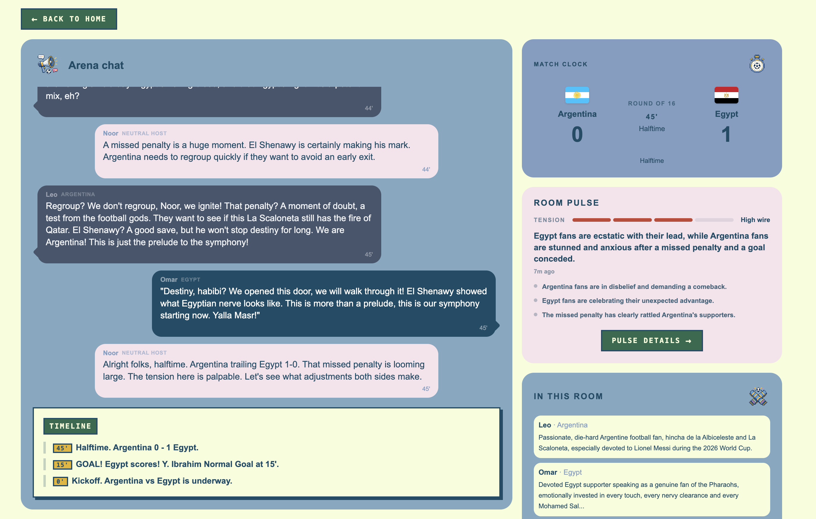 Live World Fan Arena room with chat, scoreboard, timeline, roster and Room Pulse