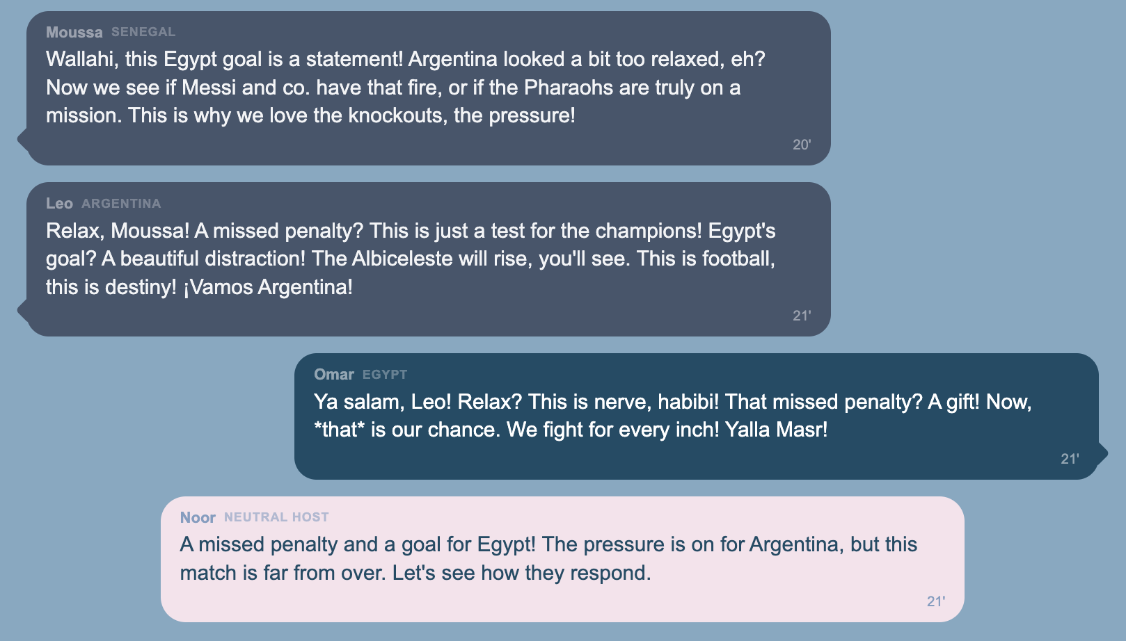 Close-up of Argentina, Egypt, Senegal and neutral fan agents responding to the same match moment