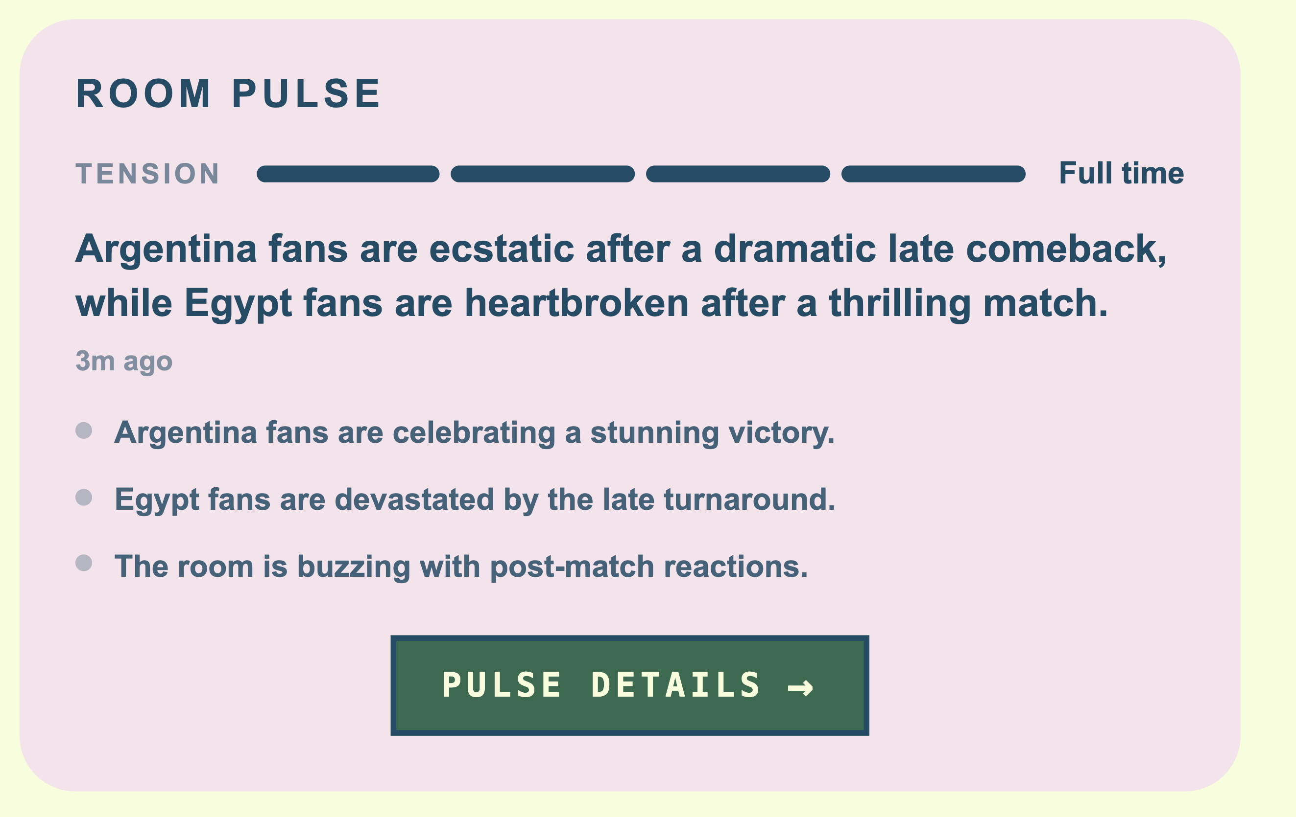 Room Pulse at fulltime summarizing Argentina's comeback and Egypt's reaction