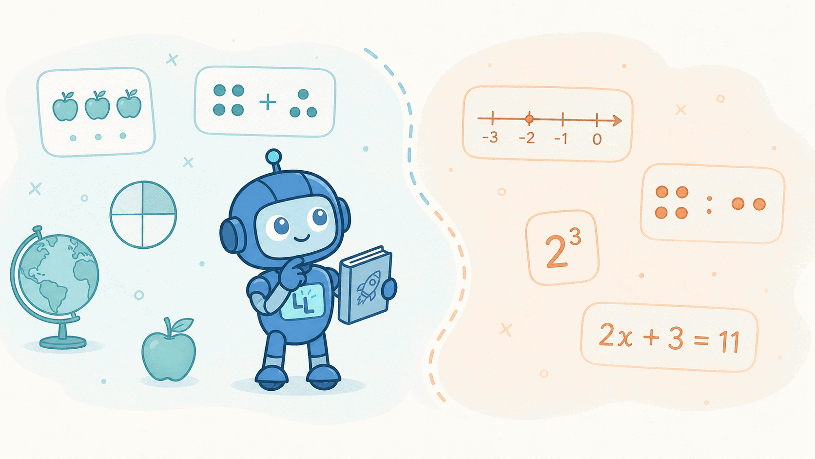 A blue LittleLearner robot stands at the boundary between familiar elementary concepts and later mathematical concepts